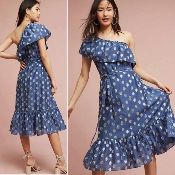 Shoshanna Mykonos One Shoulder Clip Dot Midi Dress - Picture 1 of 7